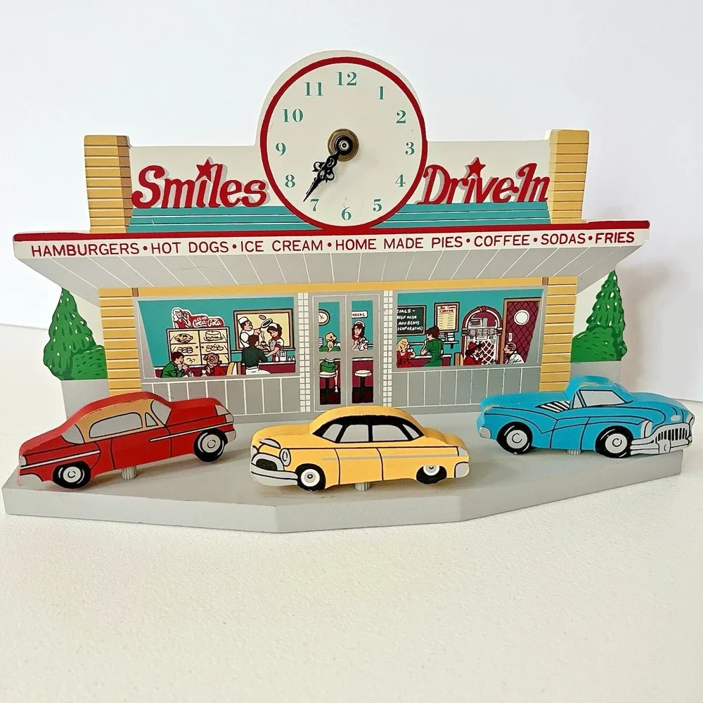 1988 Smiles Drive in car 3D clock UNTESTED 50s colorful quirky Coca Cola deco